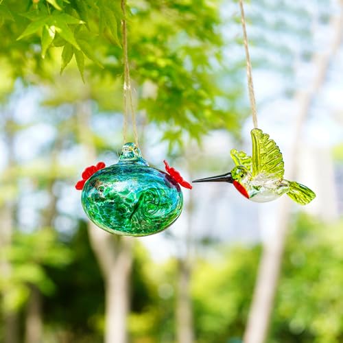 3in Blown Glass Hummingbird Feeders for Outdoors with 2 Feeding Ports | Attract Hummingbirds, Ant and Bee Resistant, Easy Hanging - color: B