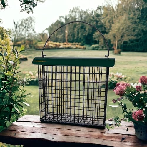 Large Suet Feeder - Metal Woodpecker Suet Cage w/Roof | Holds 1 Large Seed Cake. Metal Roof Keeps Suet Dry. Multiple Clinger Birds Feed at Once - Woodpeckers, Finches, Chickadees.