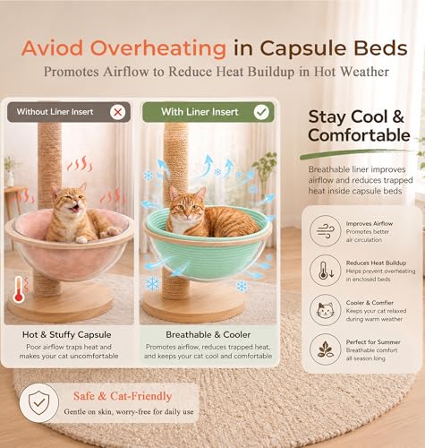 Cotton Rope Cat Bed Mat for Space Capsule, 15.7" Breathable Round Nest Liner, All-Season Warm & Cooling Pet Pad, Washable Scratch-Resistant Bedding for Cat Tree & Clear Bowl (Green) - color: Green, size: Large
