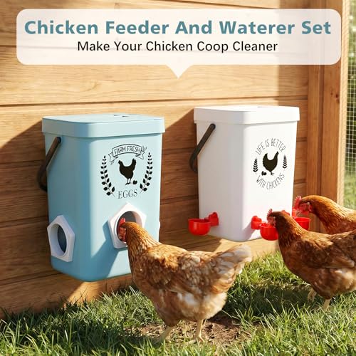 TGEYD Chicken Feeder and Waterer Set, No-Waste Hanging Feeder for Backyard Chickens, 3 Gal Waterer & 15LB Feed Bin