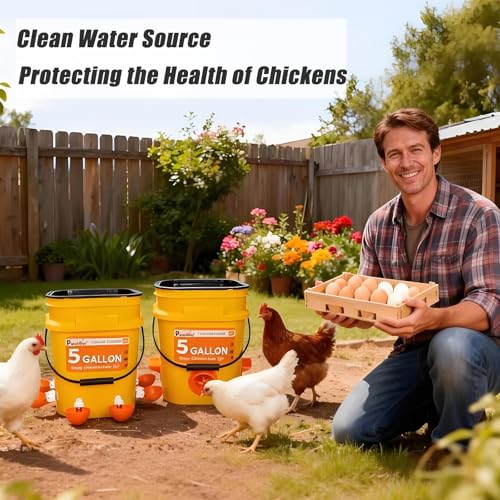 5 Gallon/44 Lbs Automatic Chicken Feeder & Waterer Set with Buckets, No Waste Feeder Port & Waterer Cup, Rain Proof Poultry Feeders, Keeps Out Small Animals, Ideal for Duck, Chick & Turkey