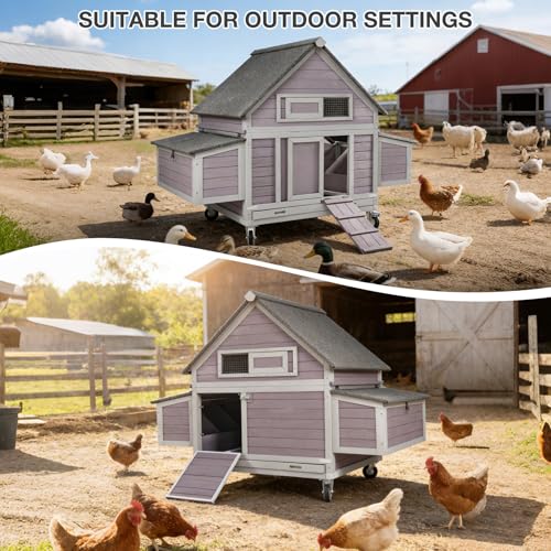GUTINNEEN Large Chicken Coop with Wheels for 6-8 Chickens, Mobile Wooden Hen House with 2 Nesting Boxes, Removable Tray, Weatherproof Roof, Expandable Outdoor Poultry Cage - size: 67.3"L x 40"W x 49.8"H