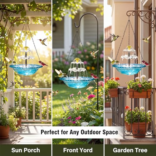 Hanging Solar Bird Bath Fountain,Solar Fountain Cascade, Hanging Bird Bath with Water for Outdoors Garden Patio Backyard Lawn Decor (Blue)