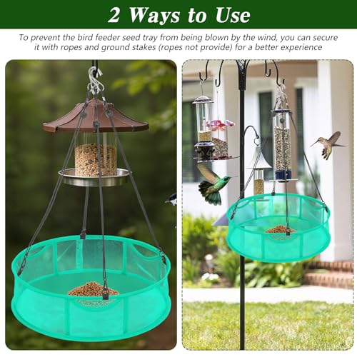 2 Pcs Bird Seed Catcher Trays, 16 Inch Green Spill Guard Platform for Hanging Feeders, Windproof Mesh Seed Hoop with Hooks, Outdoor Feeder Accessory