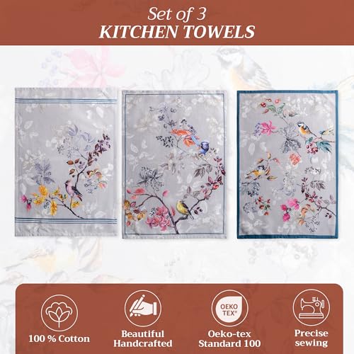 Maison d' Hermine Kitchen Towels Set of 3 Reusable 100% Cotton 27.50" x 20" | Cloth Tea Dish Towels Absorbent with Hanging Loop for Kitchen Dining Hotel Home Thanksgiving Christmas - Equinoxe - Grey - color: 043 - Equinoxe - Grey
