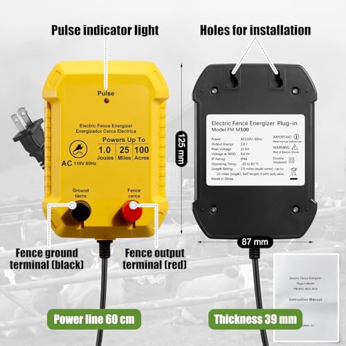 Electric Fence Charger Set 25 Mile 110VAC 1 Joule Electric Plug in Fence to Contain Chickens Pet Poultry 50 Black Insulator and 1 Socket Tool 250ft Aluminum Wire for Garden Pond Protection - style: 1 Joule
