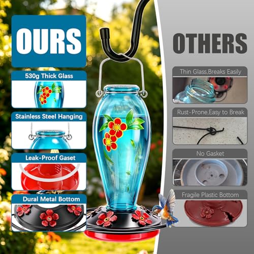 24 OZ Hummingbird Feeder for Outdoors Hanging, | Heavy-Duty Thick Glass Bird Feeder with Floral Decals, Leak-Resistant Metal Base with 5 Feeding Ports & Perch - color: Blue