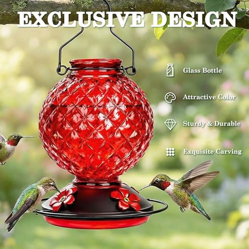 2 Pack 25 OZ Glass Hummingbird Feeder for Outdoors, Leak Proof Hummingbird Feeder with Ant Moat, 4 Bee Resistant Feeding Ports, Easy Clean Wide Mouth Design, Hanging Nectar Feeder, Red - color: Red - 2