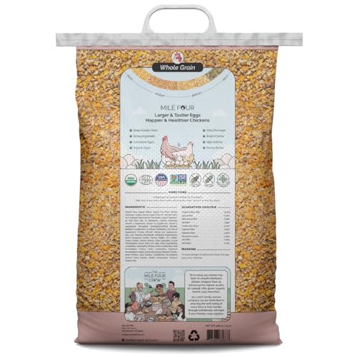Mile Four Organic Chicken Feed, Layer Whole Grain, Non-GMO, US Grown 23 lbs | 16% Protein; Corn & Soy-Free; USA Grown; Non-Medicated; No Fillers or Additives; Supports Egg Production; Family Farm Sourced - size: 23 Pound (Pack of 1), style: Whole Grain
