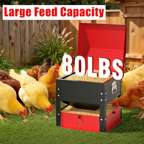 80lbs Automatic Chicken Feeder, Heavy Duty Galvanized Steel Poultry Feeder, Weatherproof & Secure-Lid for Outdoor Use, No Waste & Rodent-Proof for Chickens, Ducks, Turkeys - color: 80lbs-Red
