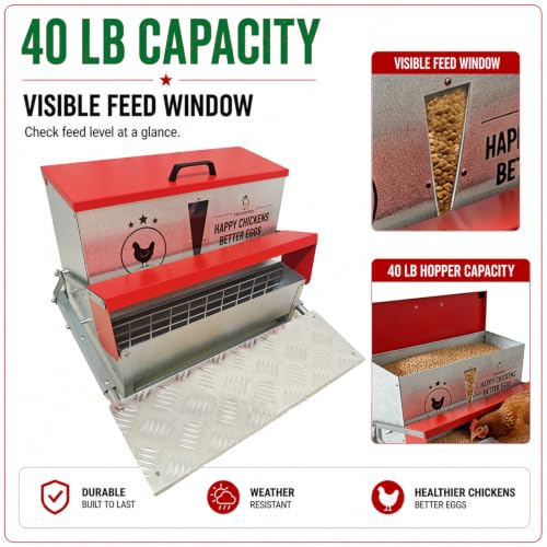 40 lb Automatic Chicken Feeder, Rat Proof Treadle No Waste | 40 lb treadle chicken feeder with visible window, galvanized steel body, no waste design, and weatherproof lid