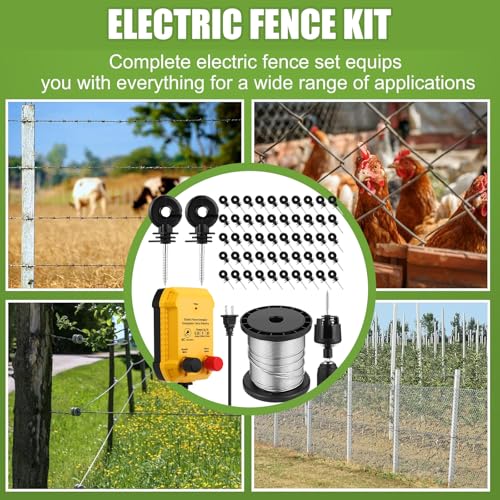 Electric Fence Charger Set 5 Mile 110VAC 0.25 Joule Electric Plug in Fence to Contain Chickens Pet Poultry 50 Black Insulator and 1 Socket Tool 250ft Aluminum Wire for Garden Pond Protection - style: 0.25 Joule