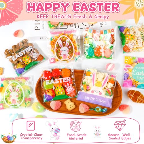 100PCS Easter Self Sealing Cookie Bags - 4x4 Inch Clear Cellophane Treat Bags with Happy Easter Bunny Designs for Candy Goodie Gifts Packaging, Ideal for Classroom Exchange, Party Favors - color: Easter - 100PCS