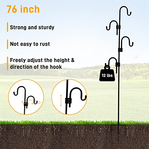 Shepards Hooks for Outdoor Adjustable Bird Feeder Pole with 5 Base Prongs 76 Inch Heavy Duty Garden Hanging Holder for Lanterns, Solar Lights, Bird Feeder, Wedding, Planter Pot-4 Hooks - color: 4 hooks-76in