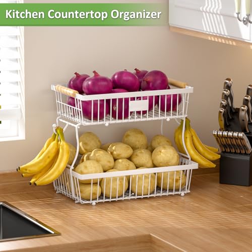 2 Tier Fruit Basket for Kitchen Counter with 2 Banana Hangers, Countertop Metal Bread Basket with Wooden Handle, Large Storage Stand for Vegetables, Snacks, Eggs, Produce Storage – White - color: White, size: 2 Tier