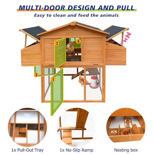Chicken Coop for 6-8 Chickens with 2 Nesting Boxes, Removable Leakproof Tray, UV-Resistant Roof, 6 Access Doors 70x42x55in