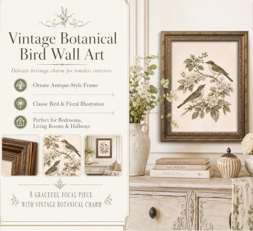 Vintage Gold Framed Bird Wall Art, Birds on Floral Branch Canvas Print, Antique Neutral Cottagecore Wall Decor, Retro Sepia Sketch Wildlife Botanical Poster Artwork for Bedroom Living Room - color: Bird-2, size: 24"L x 16"W