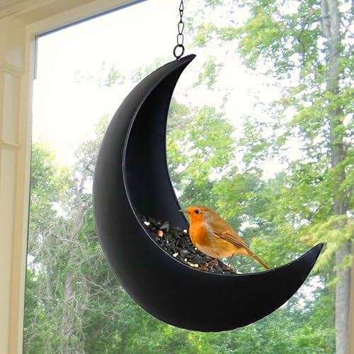 Hanging Moon Bird Feeder – Unique Metal Bird Feeders for Outdoors, Black Rust-Resistant, – Wild Bird Feeder for Bluebirds, Cardinals, Finches, and Backyard Birdwatching (Black) - color: Black