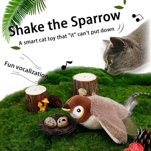 Interactive Chirping Bird Cat Toys with Flapping Wings,No Flying Birds Cats Toy, Flying Simulation Electric Sparrow Shaking Hunting Pet Toy for Indoor (Brown Upgrade) - color: Brown Upgrade