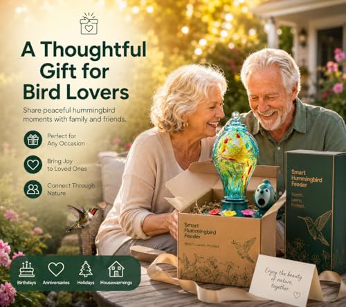Hummingbird Feeder with Camera, Solar Powered 2K Smart Bird Feeder | AI Bird Recognition, Solar Powered, 2K Camera, Hand-Blown Glass Design, Leak-Proof, Bee Resistant, Easy to Clean