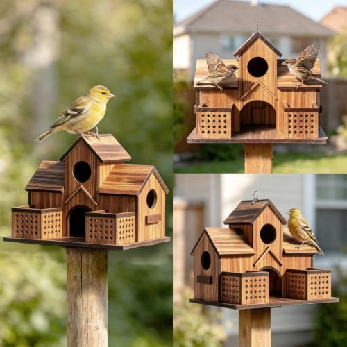 Wooden Bird Houses for Outside Outdoor 3 Hole Large Bird House with 2 Front Feeders Easy Access Cleaning Doors Martins Bluebirds Finches Cardinals Sparrows Chickadees Garden Patio& Yard