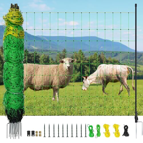 Electric Fence Netting, 164'L x 42.5" H Electric Fence Kit for Livestock, Goat, 14 Posts Double Spiked Portable Electric Poultry Farm Fence - size: 164'L x 42.5" H