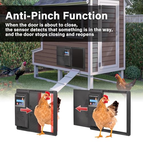 Automatic Chicken Coop Door with Timer, Side Opening Large Entry for Chickens, Battery Operated Or USB Powered, Anti-Pinch Sensor, LCD Display, Easy Installation Poultry Door - color: Black