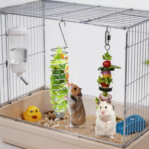 2 PCS Rat Enrichment Toys, Stainless Steel Hamster Foraging Toy, Hanging Fruit & Vegetable Holder for Mice, Rat Cage Accessories Chew-Proof Slow Feeder Puzzle Toy for Hamster, Bird