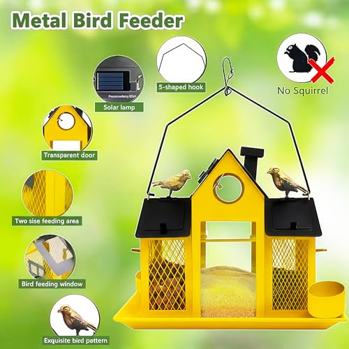 Solar Bird Feeders House for Outside Hanging, Metal Wild Bird Feeder for Outdoors Large Capacity Cardinal Birdfeeder Birdhouses Metal Bird Feeding Station Yellow - color: yellow