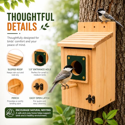 Bluebird House for Outside, Bird House with Copper Predator Guard, Natural Pine Wood Birdhouse, No Assembly Required, Easy Clean Nesting Box for Bluebirds, Wrens, Chickadees, Tree Swallows & Finches