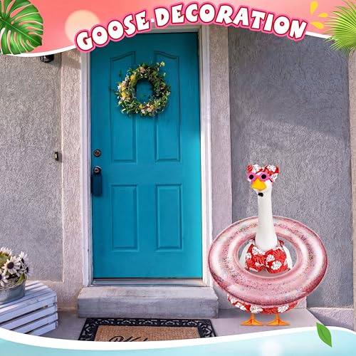 Bikini Summer Porch Goose Outfits for 23" Goose | with Goose Sunglasses Bow Headpiece and Swimming Tube, Hawaiian Red Monstera Porch Goose Outfits, Garden Patio Statue Decor - style: Hot Pink Monstera