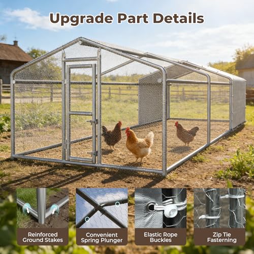 Large Metal Chicken Coop, Chicken Run for 20-30 Chickens, Heavy Duty Walk-in Poultry Cage with Waterproof Anti-UV PE Cover for Ducks Rabbits Geese, 19.5x9.7x6.4ft