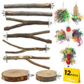 12 Pcs Natural Bird Perches and Shreddable Parakeet Toys, Essential Parrot Cage Accessories with 8 Wood Standsand 4 Shreddable Parakeet Toys, Foraging Shredder and Bird Accessories for Cages - size: 12 Pack