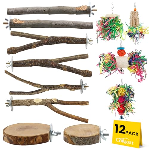 12 Pcs Natural Bird Perches and Shreddable Parakeet Toys, Essential Parrot Cage Accessories with 8 Wood Standsand 4 Shreddable Parakeet Toys, Foraging Shredder and Bird Accessories for Cages - size: 12 Pack