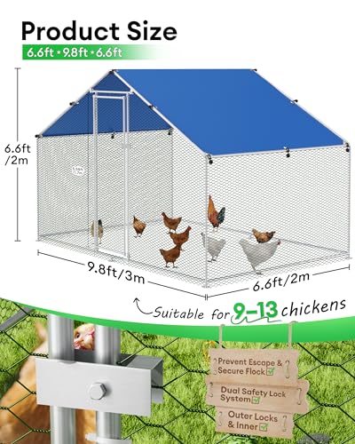 BUCATSTATE 6.6FT x 9.8FT x 6.6FT Metal Chicken Coop, Heavy-Duty Outdoor Poultry Cage with Run & Thick PE Waterproof Cover, Predator-Proof Chicken Run with Dual Lock Doors for 9-13 Hens