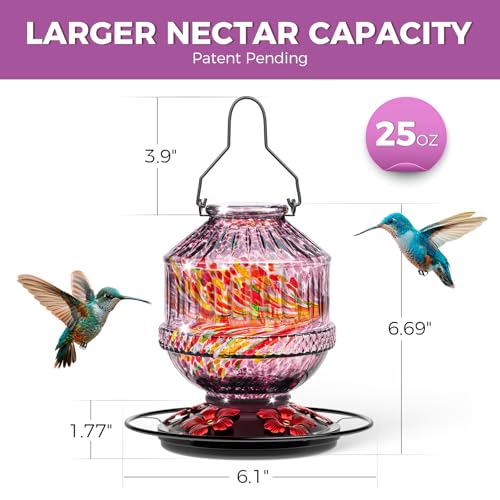 Hand Blown Glass Hummingbird Feeders for Outdoors, 25 Ounces Wild Bird Nectar Feeder with Perch & 5 Flower Feeding Ports Leak Proof Hanging for Garden Backyard Decor, Gifts for Women Mom, Purple - color: Phoenix Purple
