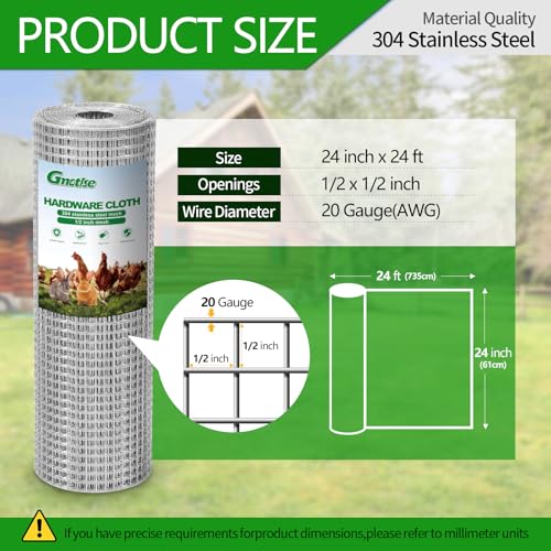 Hardware Cloth 1/2 inch 20 Gauge Small Size 304 Stainless Steel mesh Chicken Welded Wire Fencing Wire Mesh Roll Fencing Garden Fence Squirrel Tunnel Network 24in×24ft - size: (1/2in)24inx24ft