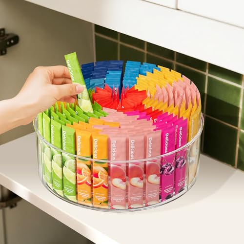 Divided Drink Packet Organizer, Largr Rotating Clear Lazy Susan Turntable | for Powdered Drink Mix, Water Drink Packet Holder, Water Flavor Packet, Coffee, Tea – Space-Saving Countertop Organizer - size: 1 Pack - Large 3 Section