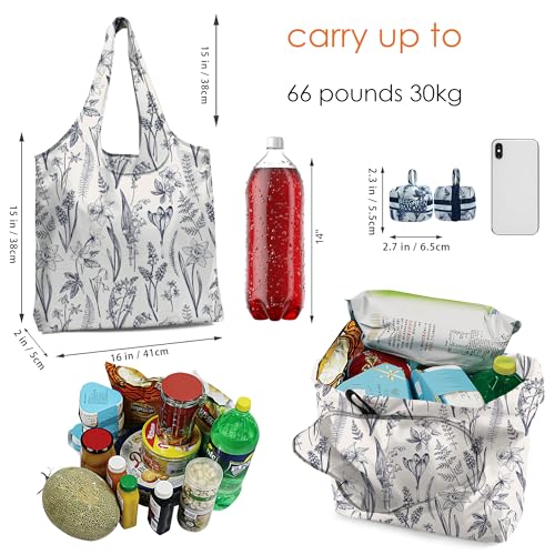 BeeGreen Reusable Grocery Shopping Bag -Travel Tote Bag - Foldable Compact Sturdy Bags - color: Grey Froal Flowers, style: Standard Extra Large
