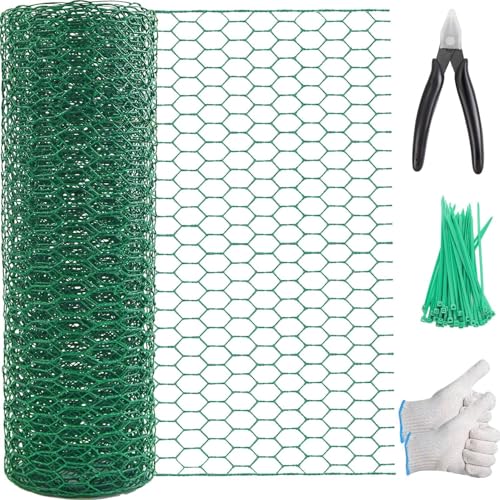 Chicken Wire 15.7in x 118in Floral Chicken Wire Mesh 0.8in | with a Pair of Gloves，1 Wire Cutter，50 Pcs Cable Zip Ties,PVC Coated Garden Netting Fence for Craft Poultry Garden - size: 15.7in x 118in