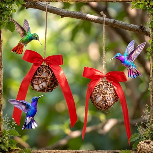 Hummingbird Nesters, 3 Pack Bird Nesting Material Holder with Bow, Refillable Hummingbird Nesting Balls for Wild Birds Finch Wren Garden Outdoor Gift Decoration