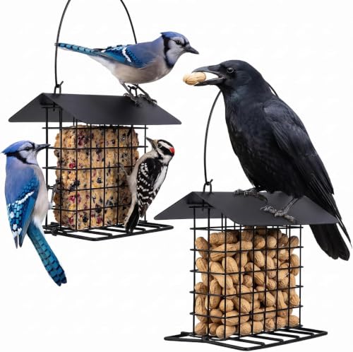 Blue Jay & Crow Peanut Feeder: Suet Cake & Bird Nesting Material Holder | 1 Pcs Outdoor Hanging Bird Feeder Cage with Weatherproof Roof Fits Woodpecker Cardinal Mourning Dove Oriole & Blue Grosbeak - color: 1pcs black