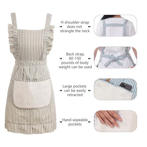 Cute Cotton Apron for Women, Adjustable Bib Cooking Kitchen Aprons with Pockets for BBQ Drawing Baking - color: Grey