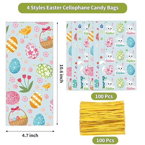 GOMANCHE Easter Cellophane Candy Bags, 100 Pieces Easter Treat Bags with Gold Twist Ties, Easter Cello Goodie Cooikes Gift Bags for Easter Party Favor Supplies