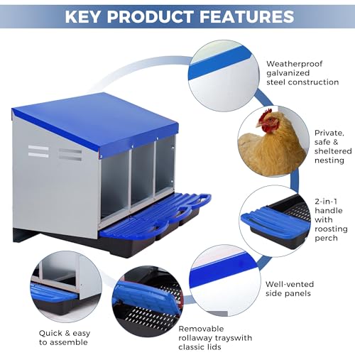 Chicken Nesting Boxes, Heavy-Duty 8-Compartment Metal Chicken Nesting Box – Removable Tray, Ventilation Holes, Easy Egg Collection, Rustproof Galvanized Steel - Blue - 3 - Slot - color: Blue, size: 3 - Slot