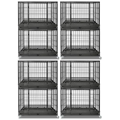 Homey Pet Heavy Duty Dog Crates for Large Dogs, 4 Pack Two Tiers | 47 Inch Stackable Large Dog Crate Cage with 4 Wheels, 2 Removable Trays and Grids, Multi Locks Strong & Solid Escape Proof - size: 47"L-2 Tiers-4P