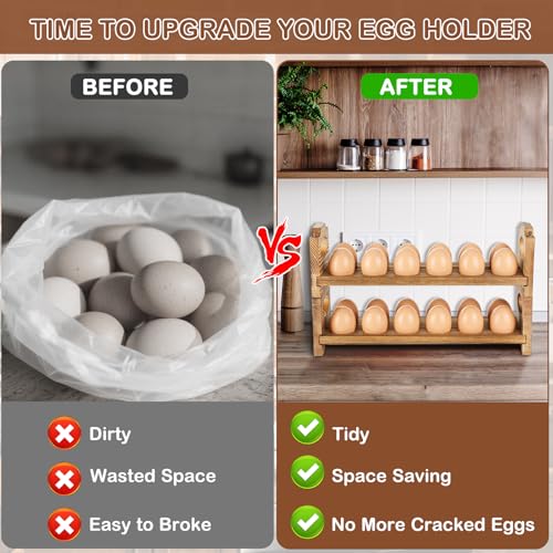 Wooden Egg Holder Countertop, 2-Tier/24-Hole, Stackable | Farmhouse Style, With Handle, Storage & Organizer, Durability, Assembly, For Chicken/Duck/Quail/Turkey/Easter Eggs - style: 2-Tier