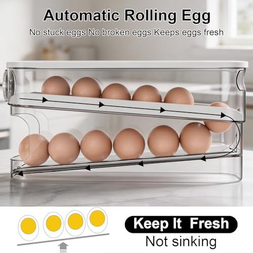 Auto Rolling Egg Holder for Fridge, Egg Dispenser/Organizer/Storage/Container with Lid & Date Timer for Refrigerator, Sturdy and Durable Space-Saving Egg Tray for 12 Large Eggs - size: With Timer