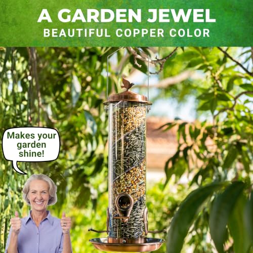 2 in 1 Spiral Bird Feeder, Hanging Bird Feeders for Outdoors, Copper Tube | finch feeders for outside, cardinal and blue jay magnet, copper metal tube bird feeder, two seed chambers, rain proof top