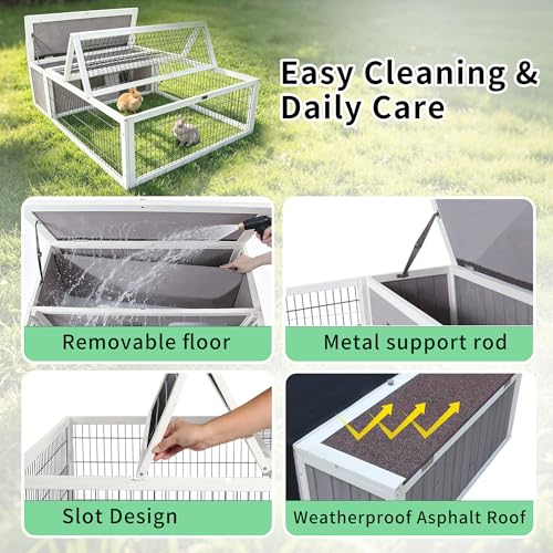 Wooden Tortoise Enclosure, Rabbit Cage Outdoor, Bunny Cage Guinea Pig Cages | Rabbit Hutch Tortoise Habitat Chicken Coop Small Animal Hutch Enclosure, Asphalt Roof, Floorless Design-Grey + White Trim - color: Grey&White Trim-1